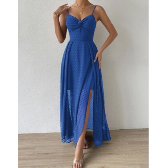 Luxe Swiss dot front tie backless wrap cami maxi dress - Picture 7 of 16